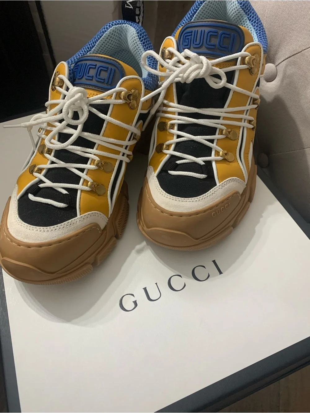 Gucci White Leather Platform Espadrille Sneakers with Red and Blue Stripe